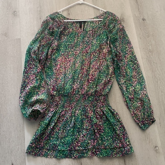 BCBGMAXAZRIA size S dotted mini dress 100%‎ silk green purple layers tunic - Picture 10 of 15